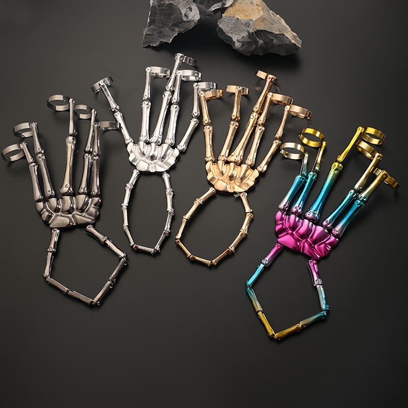Punk Skull Hand Bone Five Finger Ring Bracelet Chain